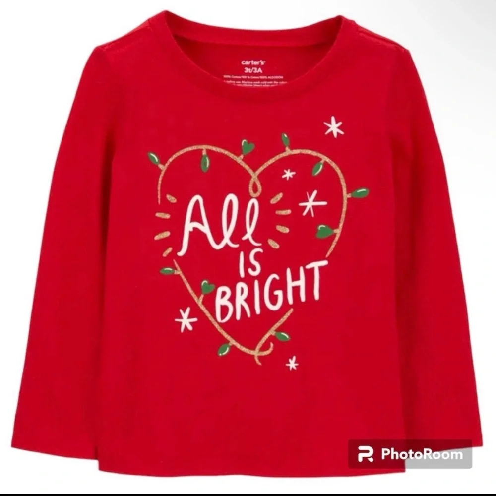 Carter’s Toddler Girls Christmas Long Sleeve Shirt 18M Red “All Is Bright”